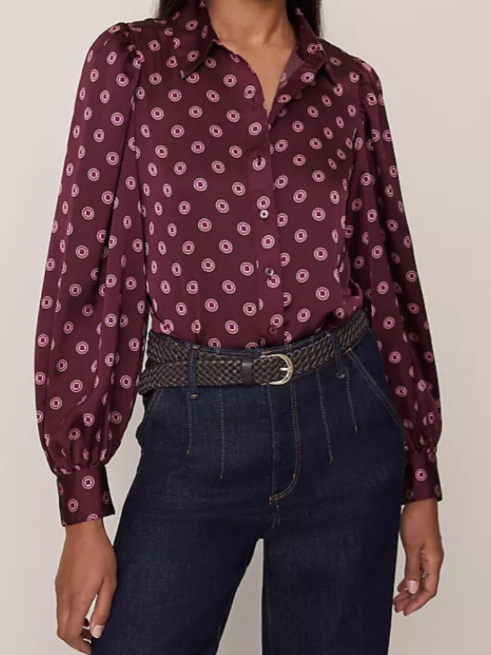 Ann Taylor Poised Plum Geo Print Long Sleeve Blouse